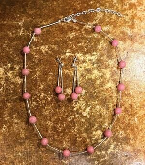 Shube Liquid Sterling Silver & Rhodchrosite Station Necklace & Earring Set Vint.